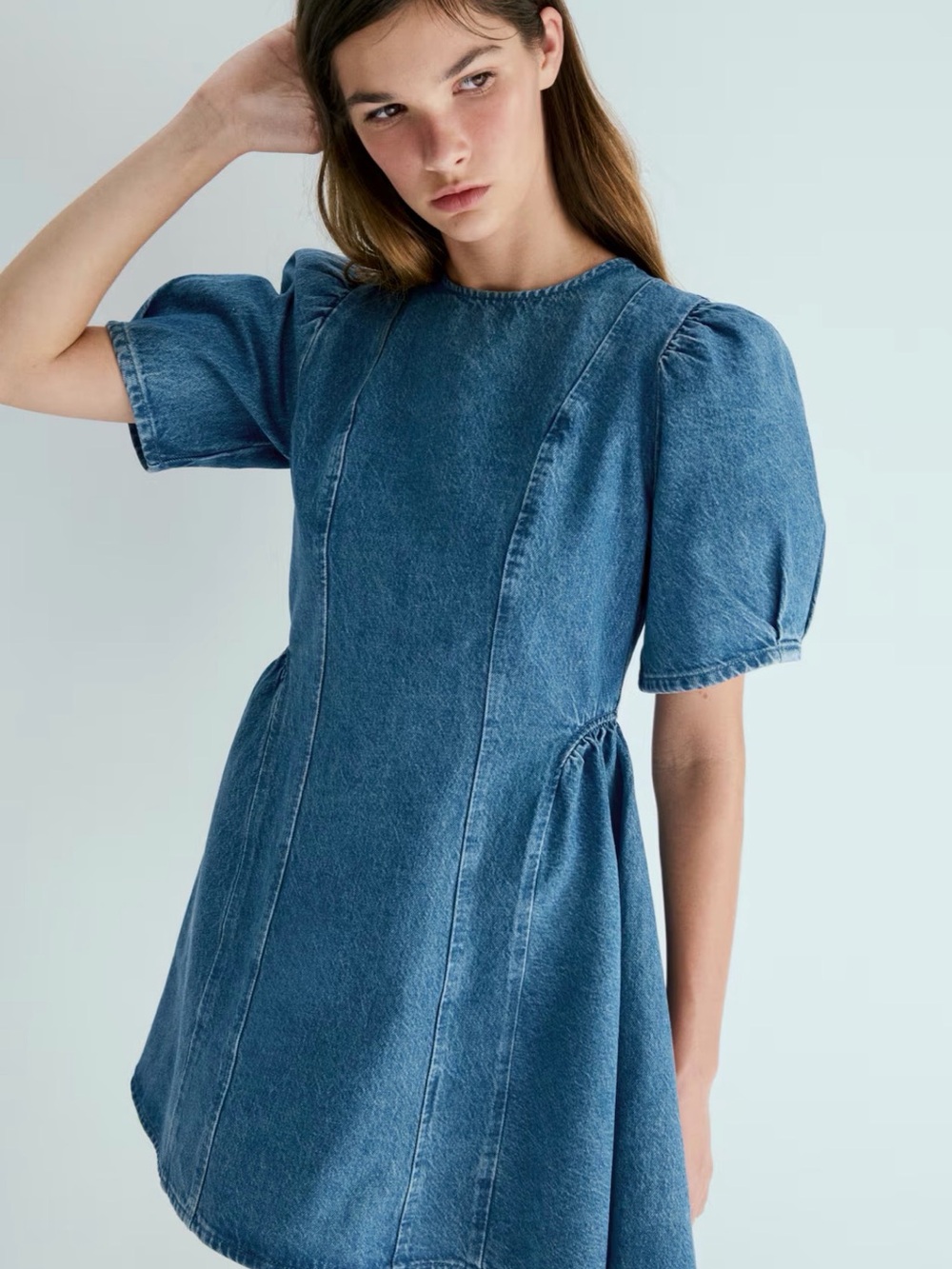 Flared-Skirt Denim Dress